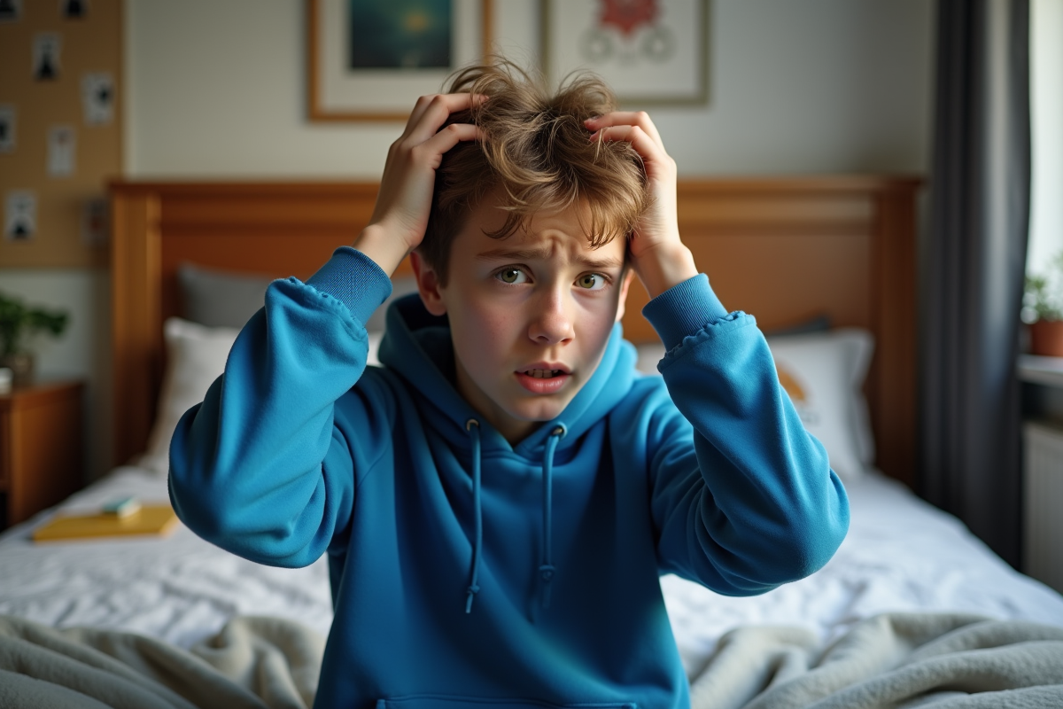 Adolescent frustré se coiffant dans sa chambre lumineuse