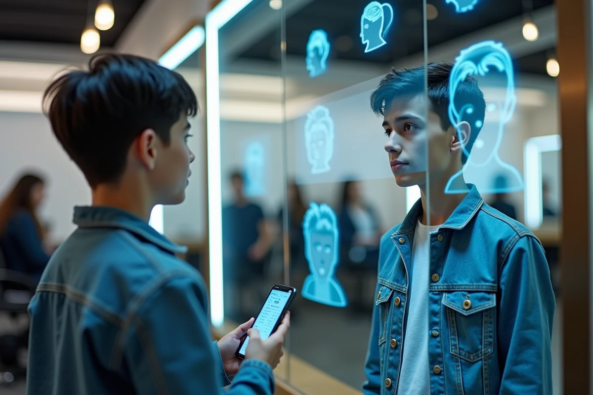 Adolescent dans un salon avec miroir numérique affichant des coupes de cheveux futuristes