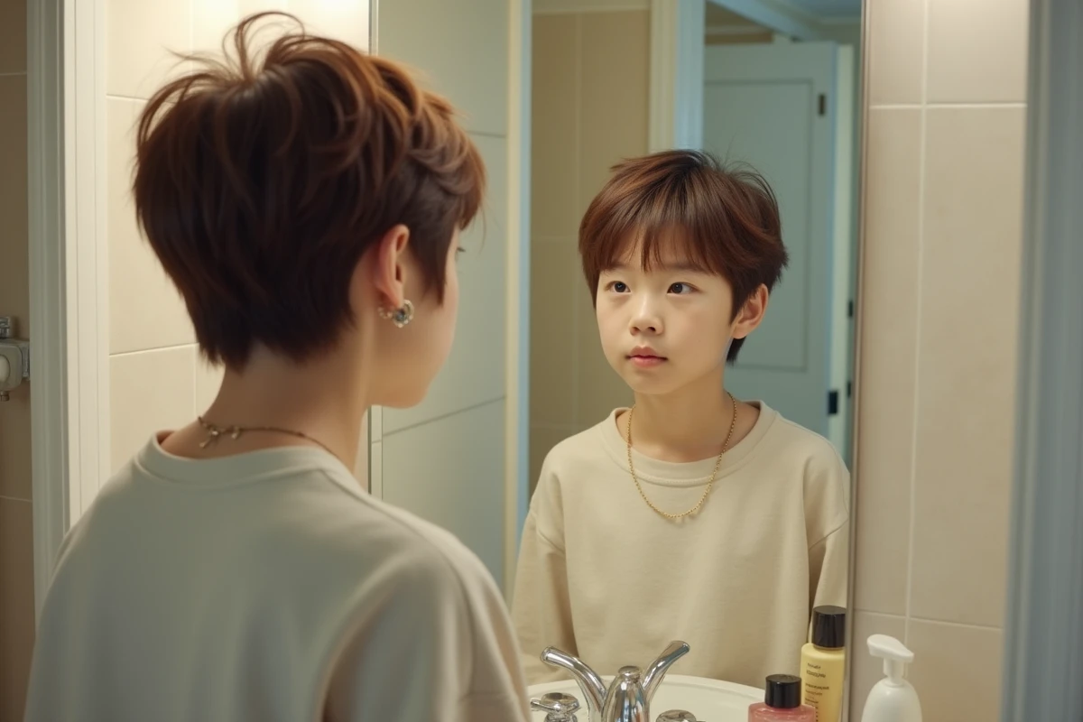 Adolescente regardant sa nouvelle coupe de cheveux dans sa salle de bain