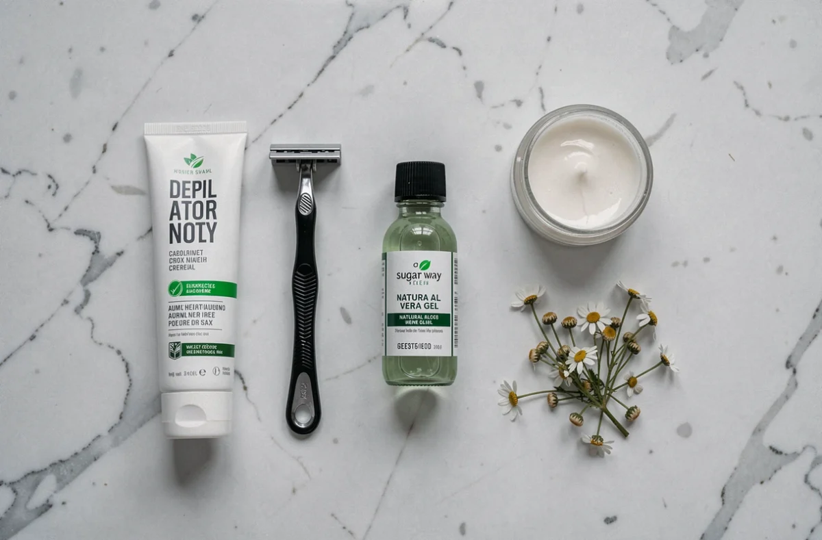 Comparaison de méthodes d'épilation masculine posées sur marbre : crème dépilatoire, rasoir de sûreté, gel aloe vera et cire naturelle