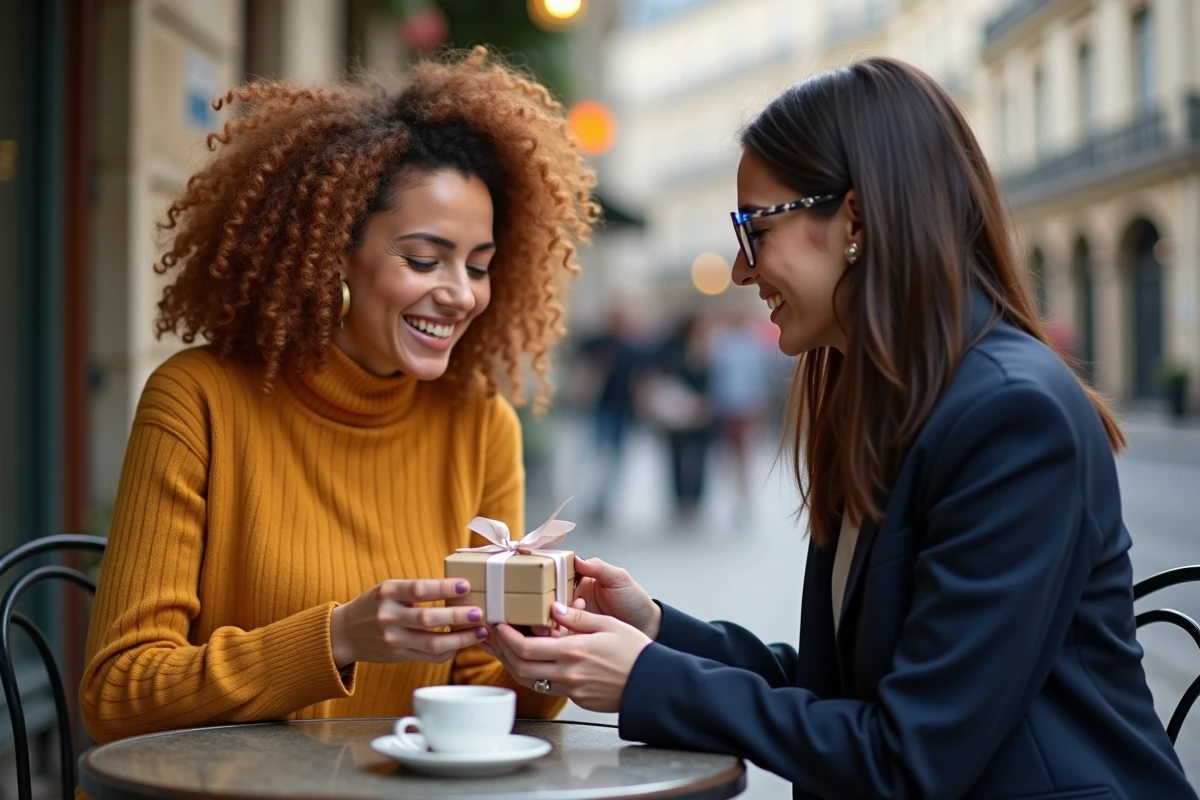 Deux amies échangeant un cadeau parfum dupe Adopt en terrasse de café parisien