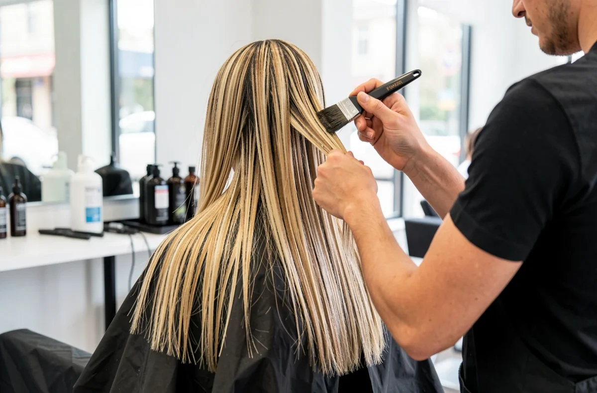 Application d'une patine au pinceau sur des mèches blondes en salon