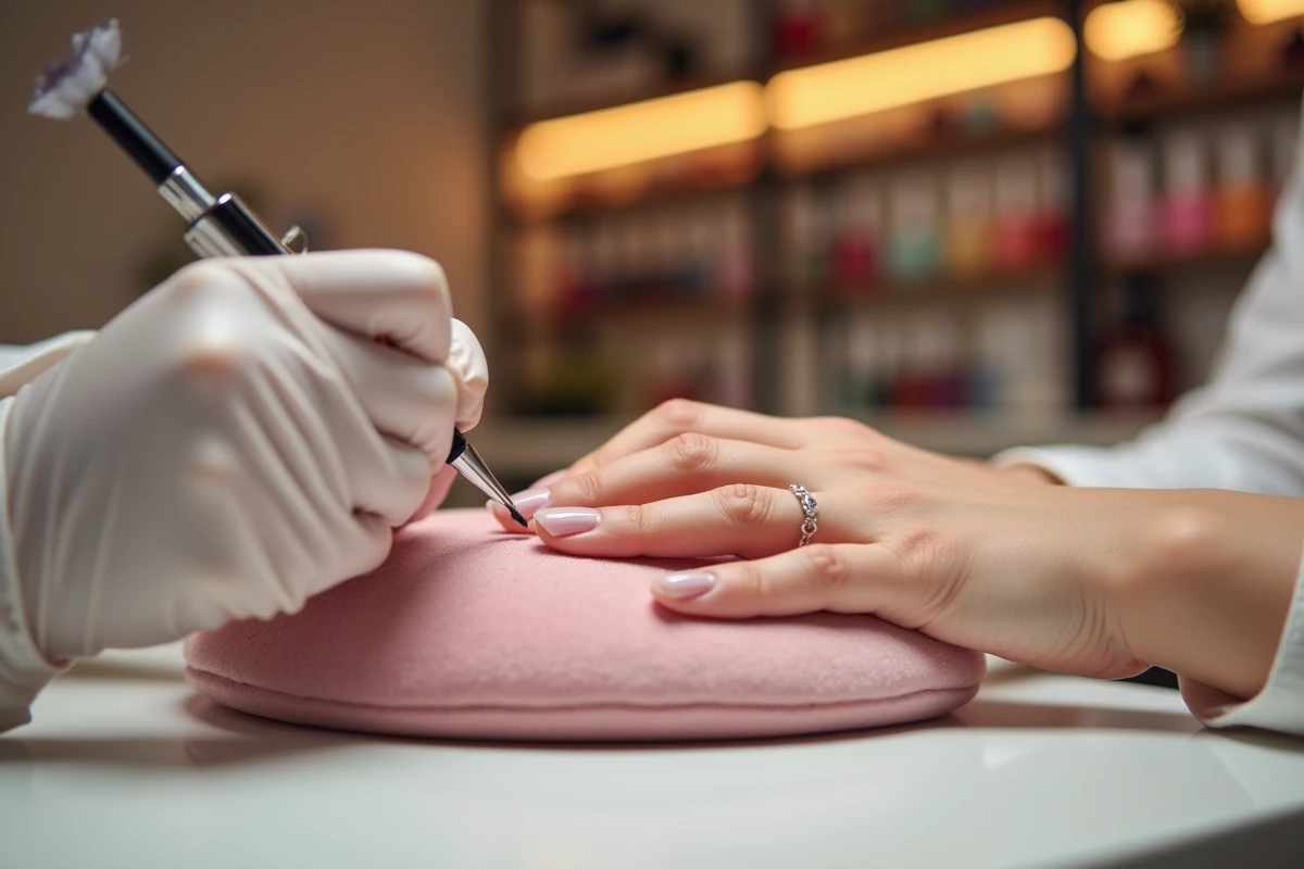 Pose de gel sur ongles courts dans un salon de manucure, application professionnelle pour un résultat naturel sans effet épais