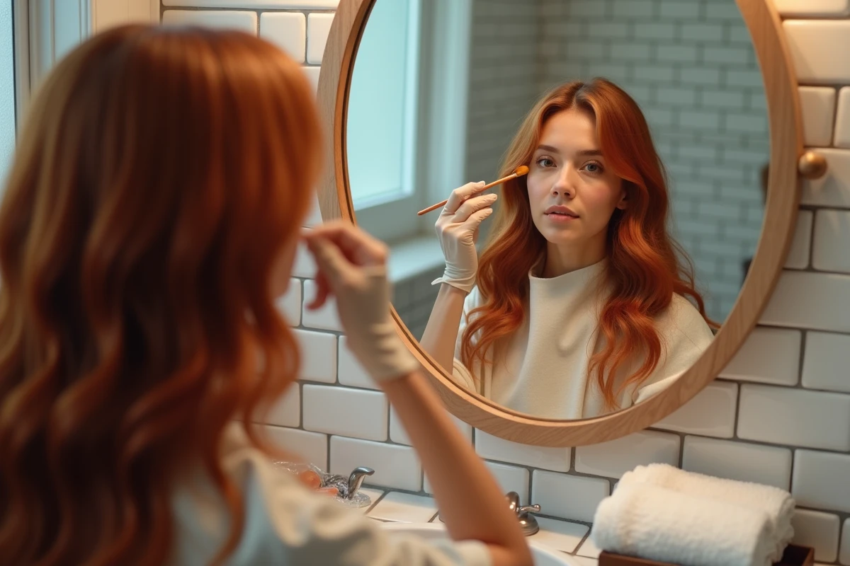 Application de henné colorant sur cheveux secs et ondulés devant un miroir de salle de bain