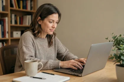 Femme consultant un avis en ligne sur son ordinateur portable dans un bureau à domicile cosy