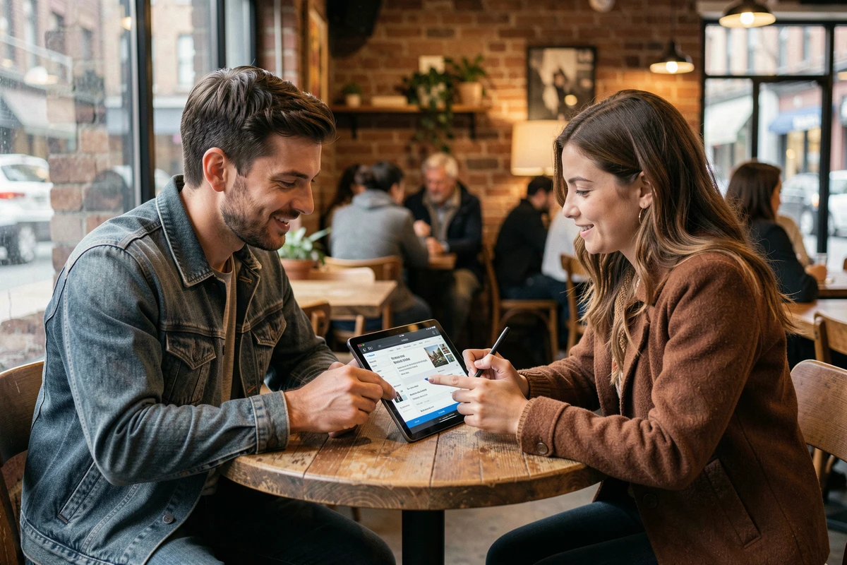 Deux personnes comparant des avis sur une tablette dans un café urbain