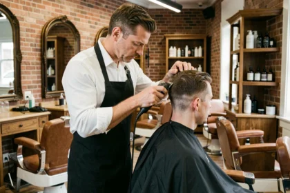 Barbier professionnel réalisant un taper sur les côtés d'un homme dans un salon de coiffure moderne avec décoration en brique