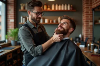 Jeune barbier en action dans un salon moderne