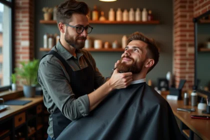 Jeune barbier en action dans un salon moderne