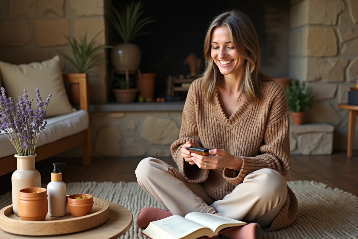 Femme mature entourée de produits de beauté naturels et bio dans un intérieur chaleureux et rustique