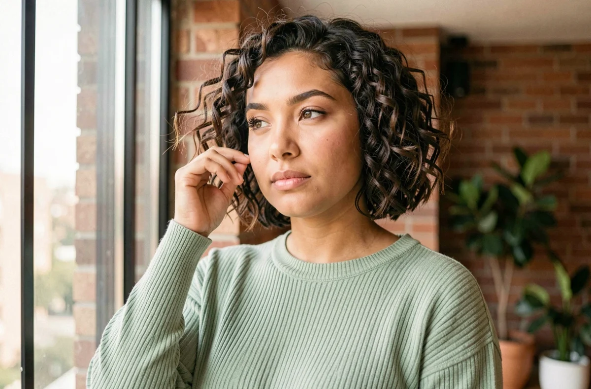 Jeune femme visage rond avec une coupe courte bouclée en bob naturel, dans un appartement aux murs en briques apparentes