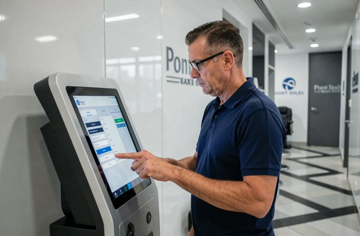 Homme consultant les options de réservation sur une borne interactive dans un centre de bronzage urbain moderne à Levallois