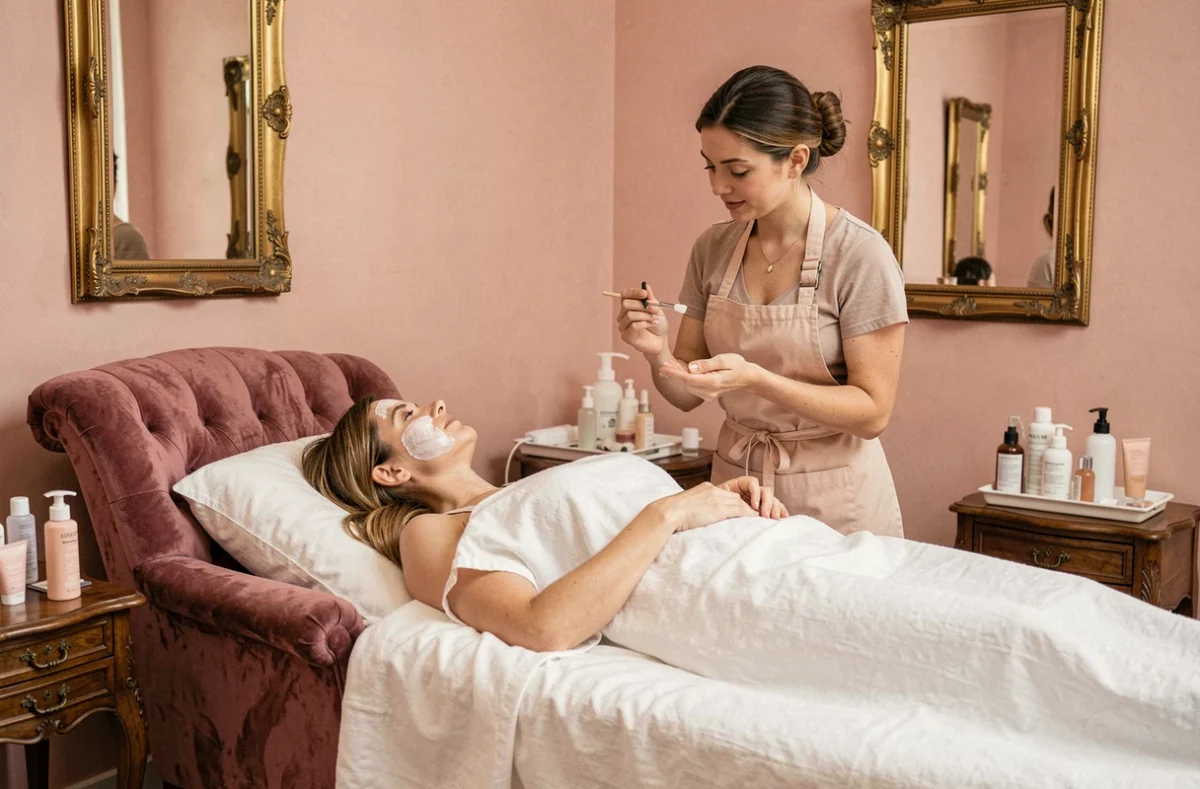 Soin du visage dans le cadre vintage et élégant du Boudoir de Jeanne à Rouen, avec décoration rose et dorée