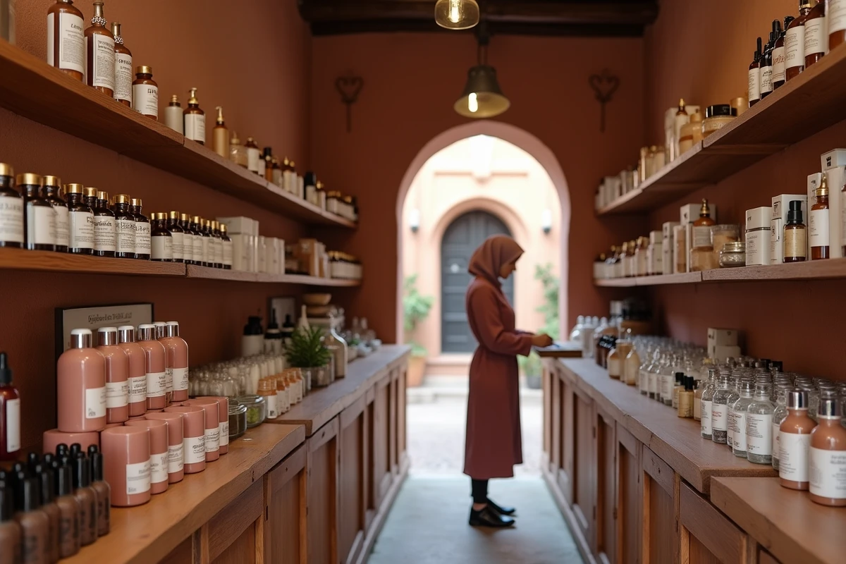 Boutique de cosmétiques halal et vegan dans la médina de Marrakech avec des produits de maquillage naturels en exposition