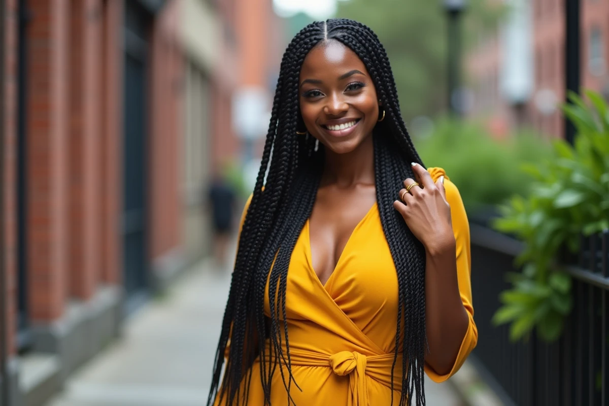 Femme aux box braids longues et soignées posant en extérieur dans un cadre urbain