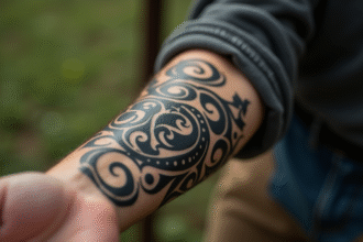 Avant-bras d'un jeune adulte avec tatouage tribal noir