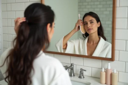 Femme utilisant une brosse massante sur son cuir chevelu devant un miroir de salle de bain pour lutter contre la chute de cheveux