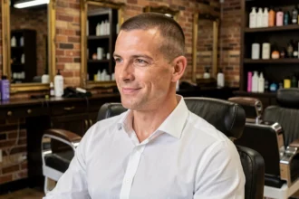 Homme de 30 ans avec un buzz cut classique et uniforme assis dans un fauteuil de barbier moderne