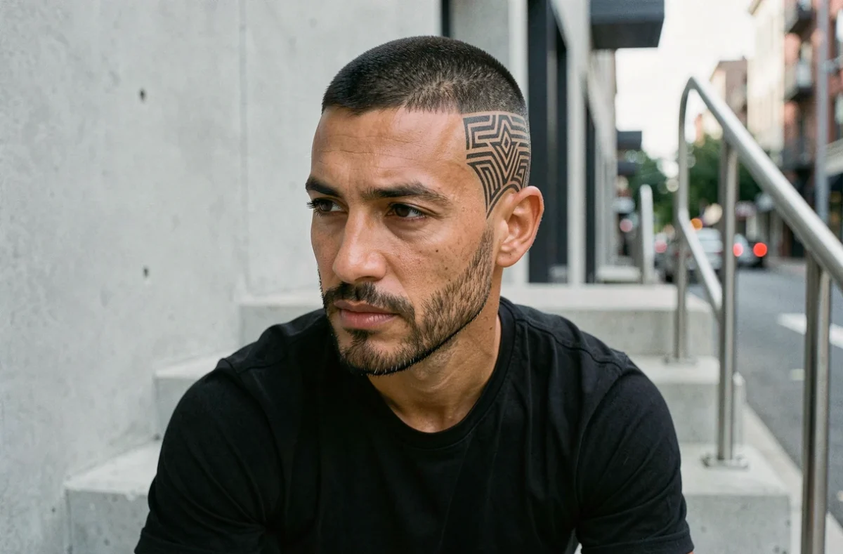 Homme avec un buzz cut audacieux orné de lignes géométriques rasées et une courte barbe