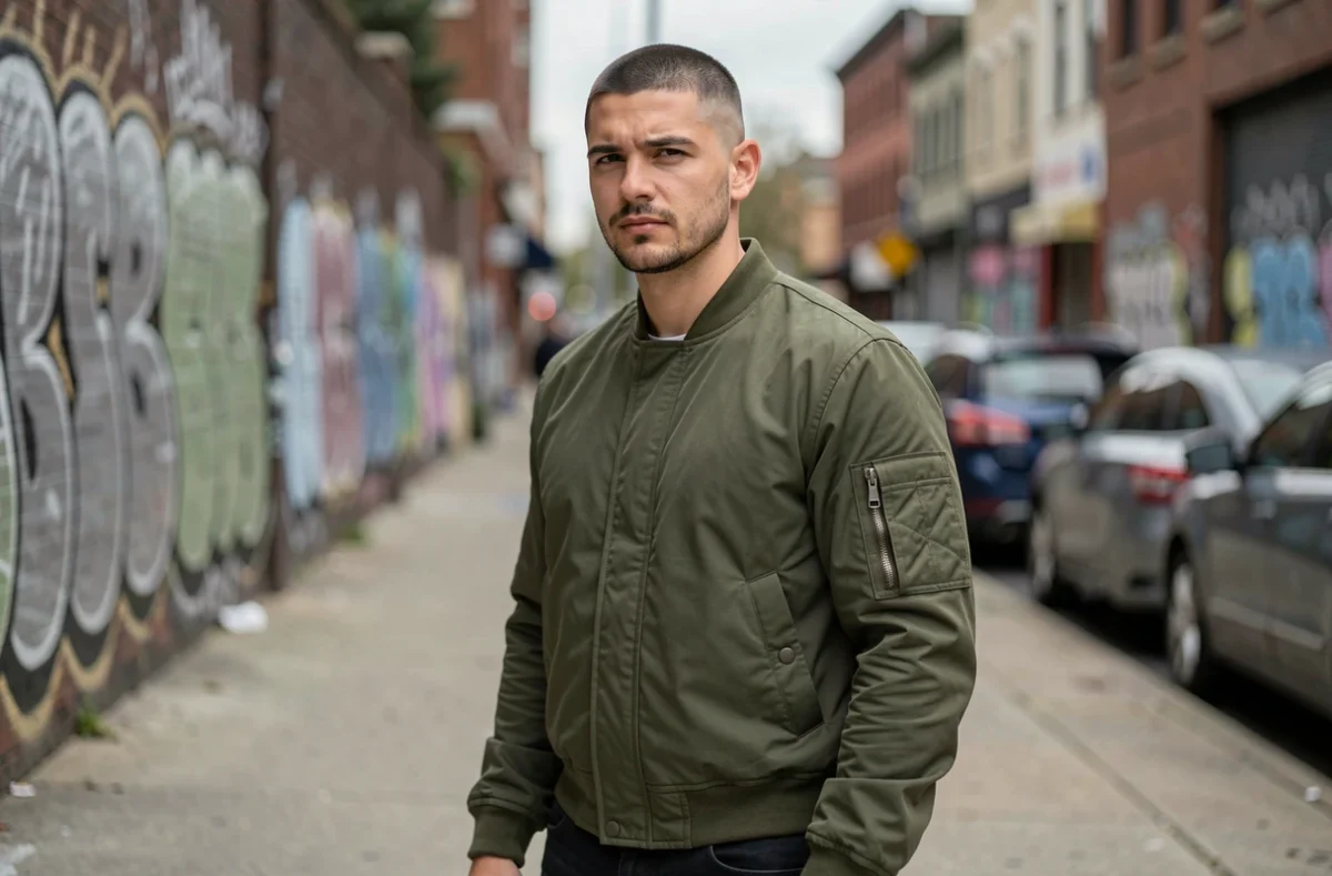Jeune homme avec un buzz cut high and tight et dégradé skin fade dans une rue urbaine