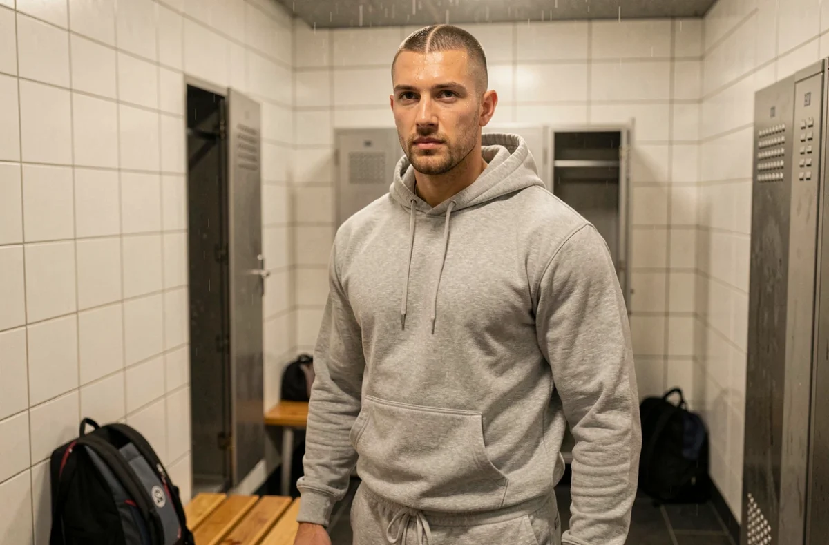 Homme sportif avec un buzz cut texturé à crête centrale dans un vestiaire de salle de sport