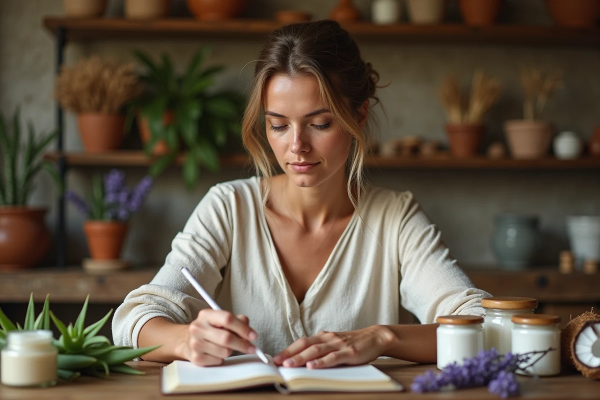 Femme lisant un carnet de recettes de grand-mère entourée d'ingrédients naturels pour le soin de la poitrine