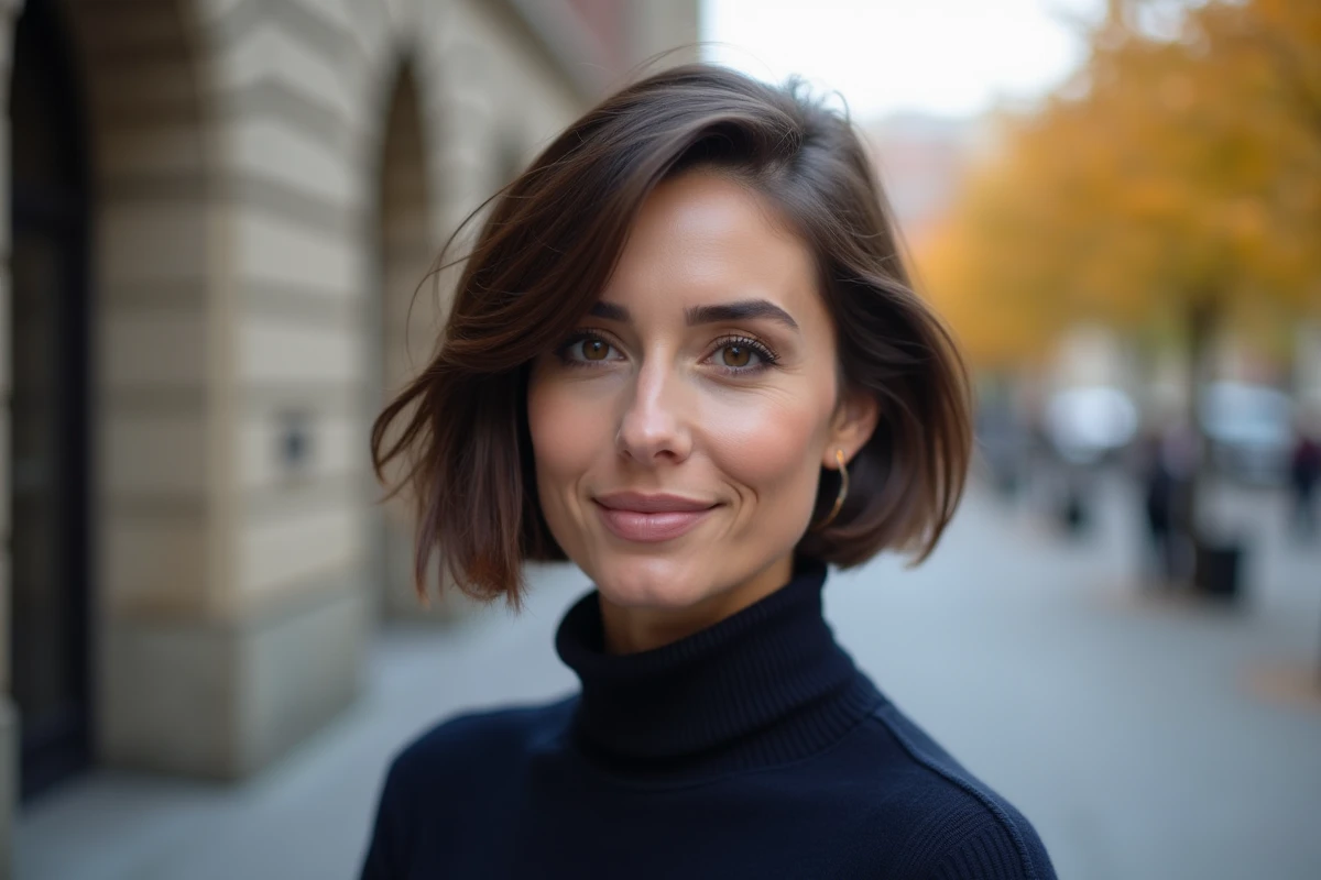 Femme avec un carré court effilé dégradé adapté à un visage rond en extérieur urbain