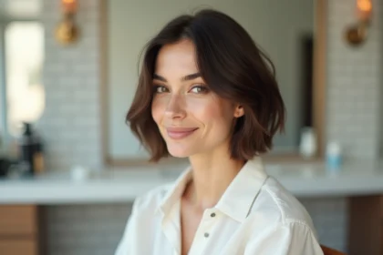 Femme aux cheveux courts effilés en carré dégradé avec visage ovale dans un salon de coiffure minimaliste