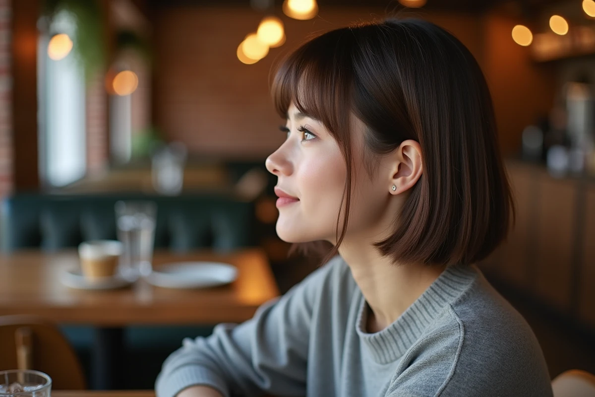 Coupe carré court effilé dégradé sur visage carré avec profil en café chaleureux