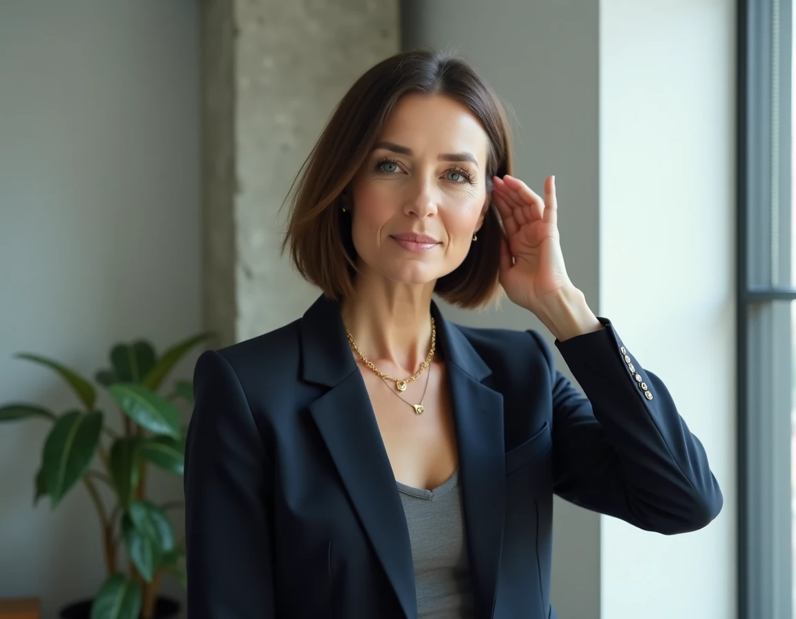 Femme d'une quarantaine d'années arborant un carré plongeant asymétrique sur cheveux fins dans un appartement moderne lumineux
