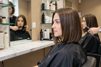 Femme aux cheveux fins coiffée d'un carré plongeant dans un salon de coiffure parisien moderne