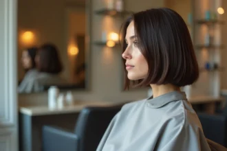 Femme aux cheveux fins avec un carré plongeant précis assise dans un fauteuil de salon de coiffure, vue en plan trois quarts
