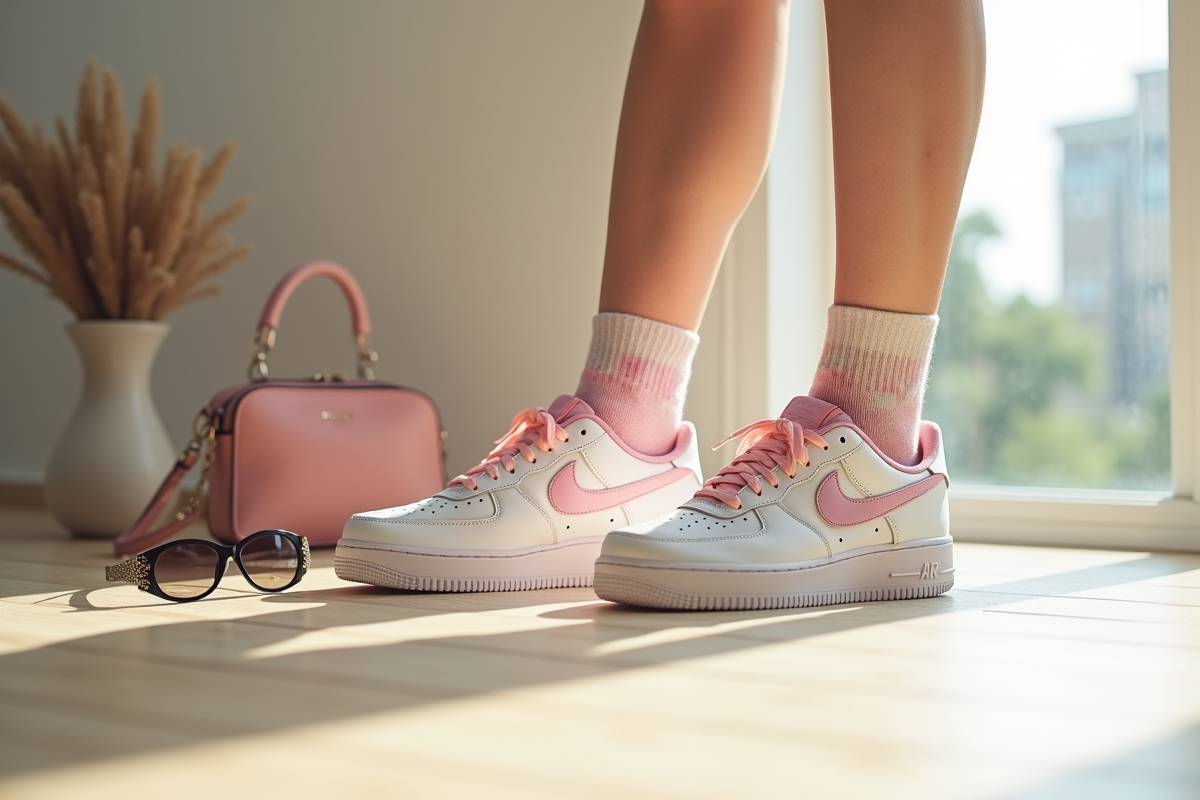 Chaussures Nike Air Force One avec chaussettes pastel dans intérieur moderne