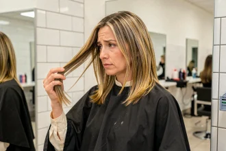 Femme en salon de coiffure examinant ses cheveux blonds avec des reflets jaunes indiquant que la patine a besoin d'être refaite