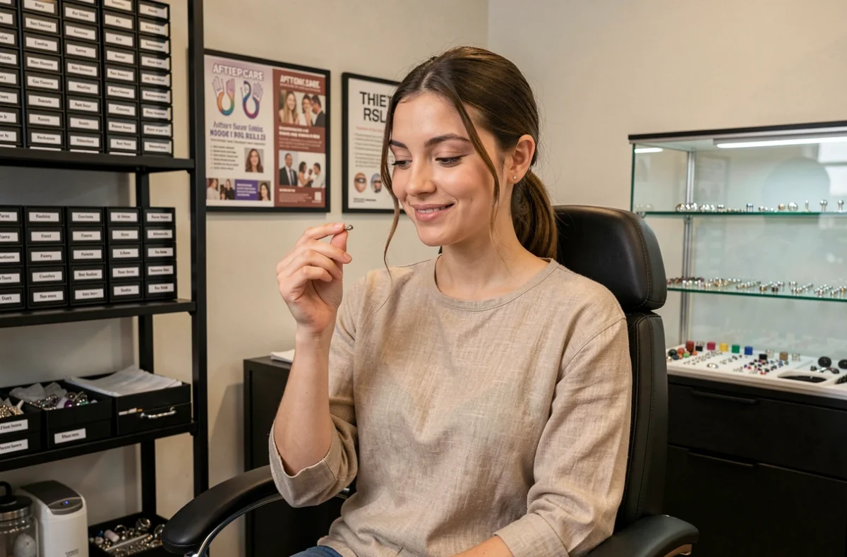 Jeune femme choisissant un bijou de labret en titane lors d'une consultation dans un studio de piercing