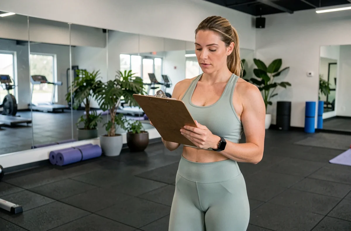Coach sportive professionnelle dans une salle de fitness moderne consultant un clipboard, illustrant l'importance du corps sain et des mensurations dans le contexte du sport et du bien-être