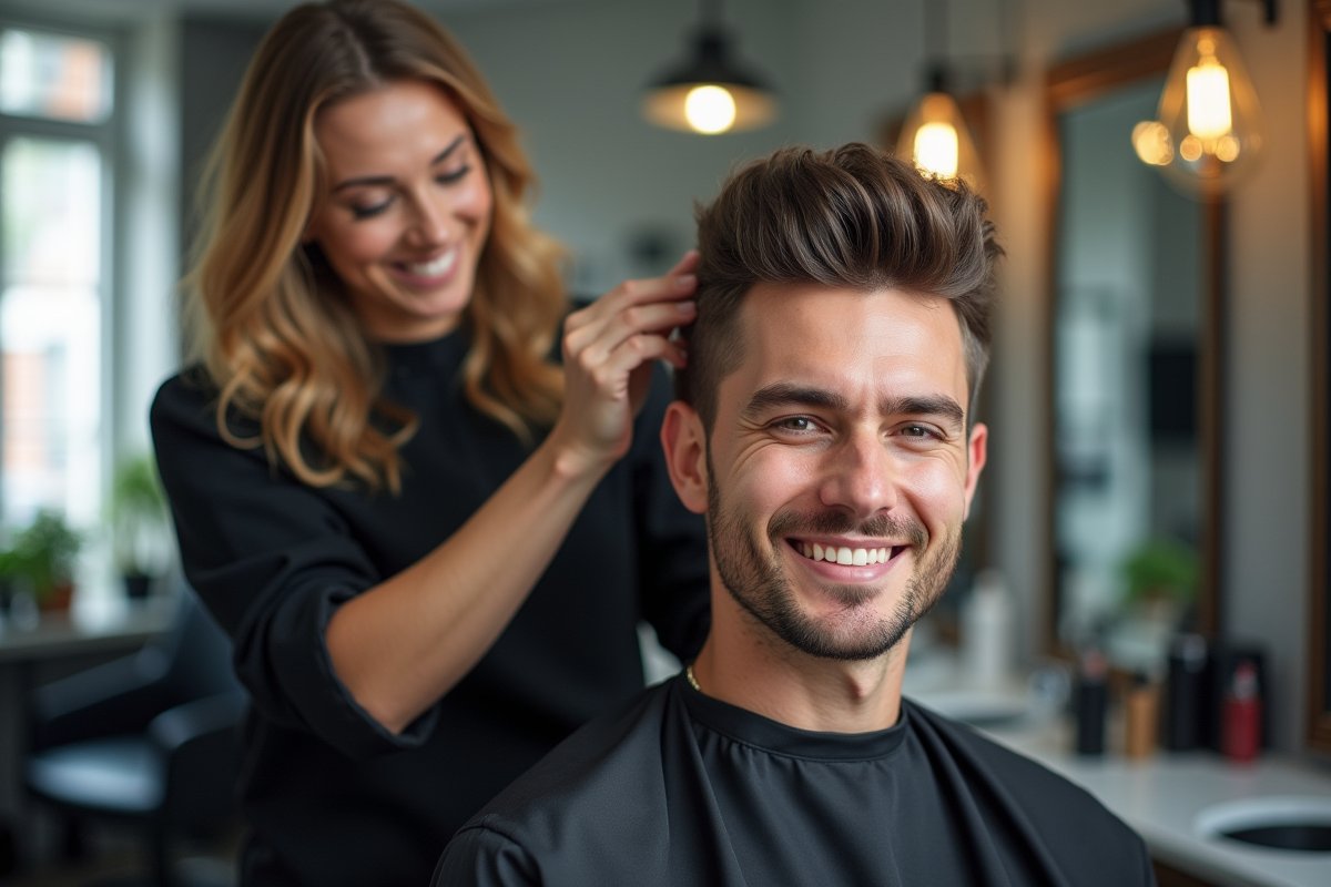 Coiffeur professionnel finissant une coiffure pour un homme
