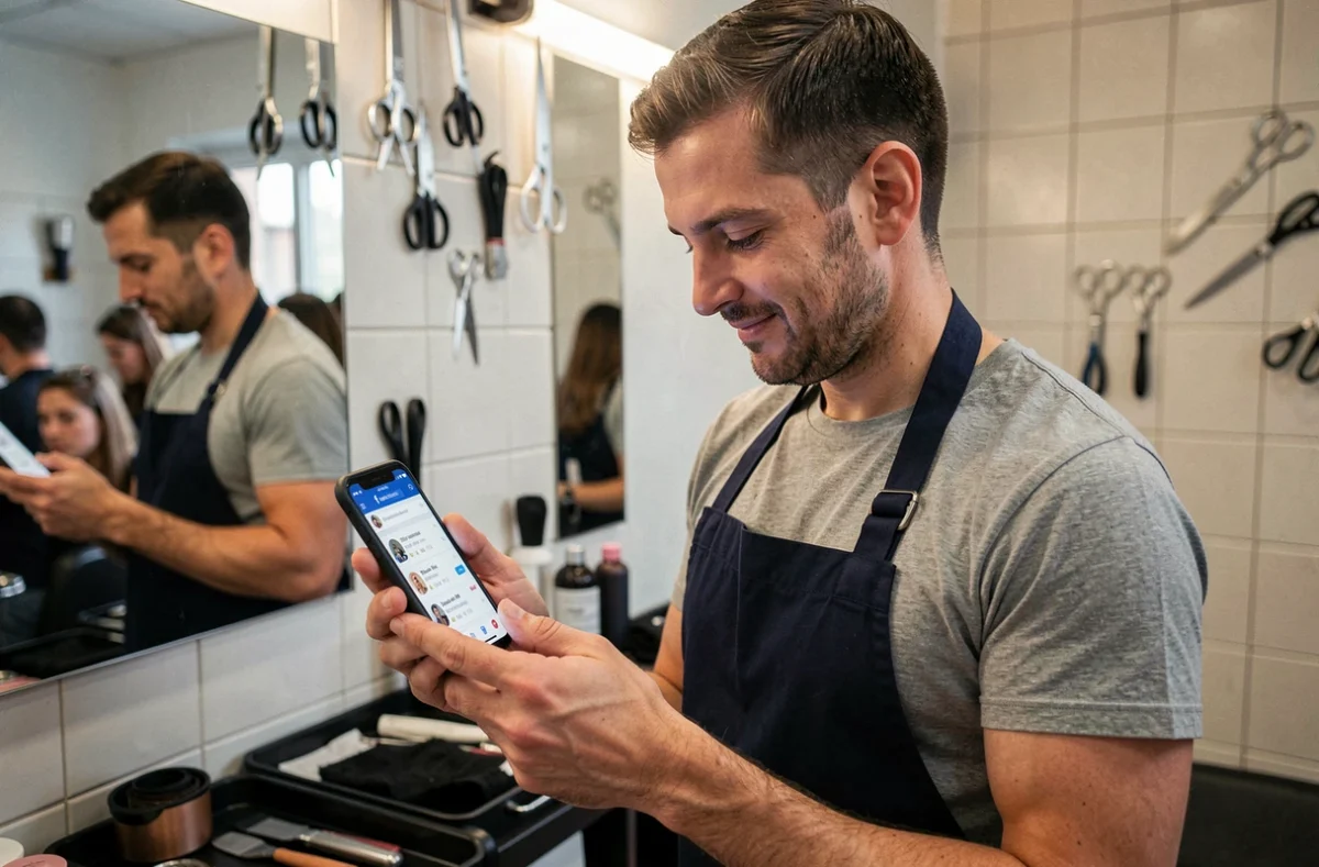 Coiffeur consultant les notifications Facebook de son salon pour synchroniser ses rendez-vous clients depuis son smartphone