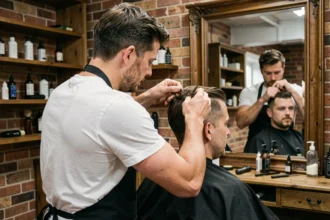 Coiffeur réalisant une coupe taper sur les cheveux mi-longs d'un homme en salon de coiffure