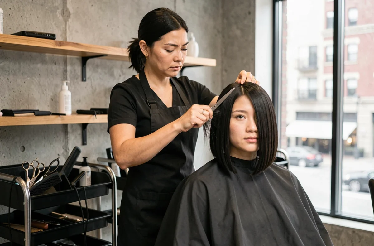 Coiffeuse professionnelle réalisant une coupe en carré plongeant sur cheveux fins dans un atelier de coiffure haut de gamme