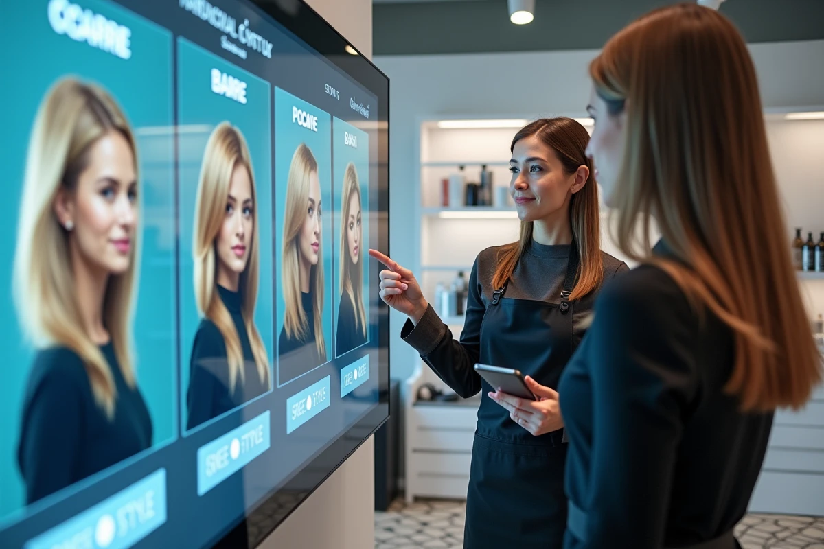 Coiffeuse et cliente explorant les options de coupe sur un miroir connecté avec simulateur de coiffure