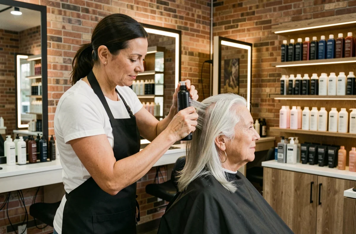 Coiffeuse professionnelle appliquant un soin colorant sur des cheveux blancs en transition dans un salon moderne