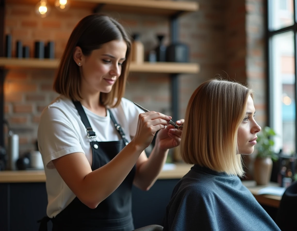 Coiffeuse professionnelle réalisant un carré plongeant sur une cliente aux cheveux fins dans un salon urbain contemporain