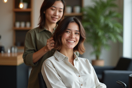 Femme souriante avec coupe bob dans un salon moderne