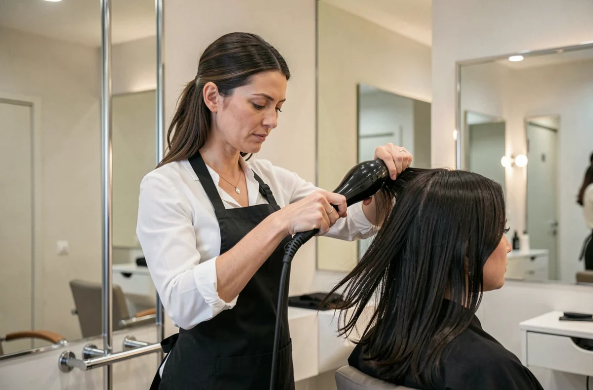 Coiffeuse professionnelle réalisant un brushing dans le salon Coiffure Dominique Mess à Mulhouse