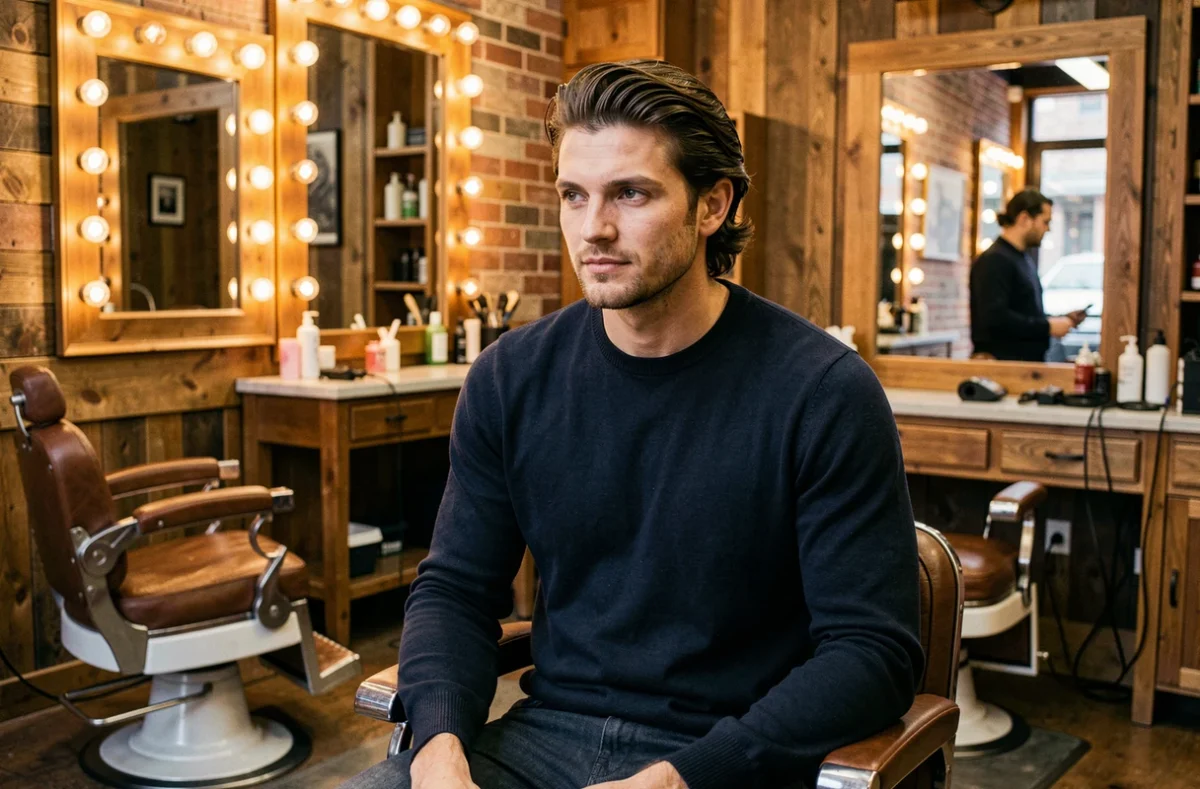 Homme jeune avec coupe mi-longue volumisée assis dans un salon de coiffure urbain tendance