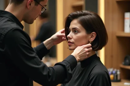 Femme élégante en salon coiffure avec styliste