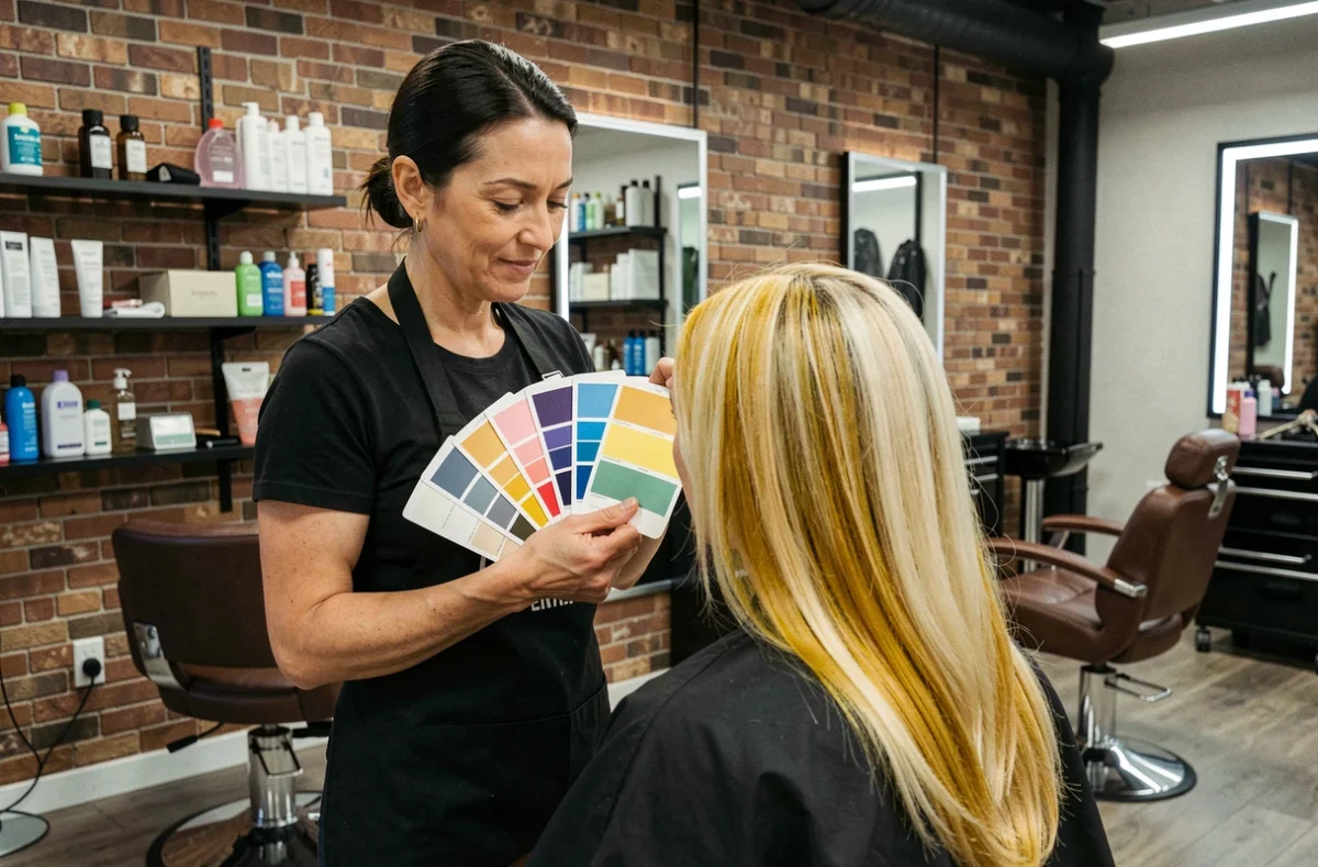 Coloriste professionnelle comparant des nuanciers à la chevelure blonde d'une cliente pour évaluer la nécessité de refaire une patine