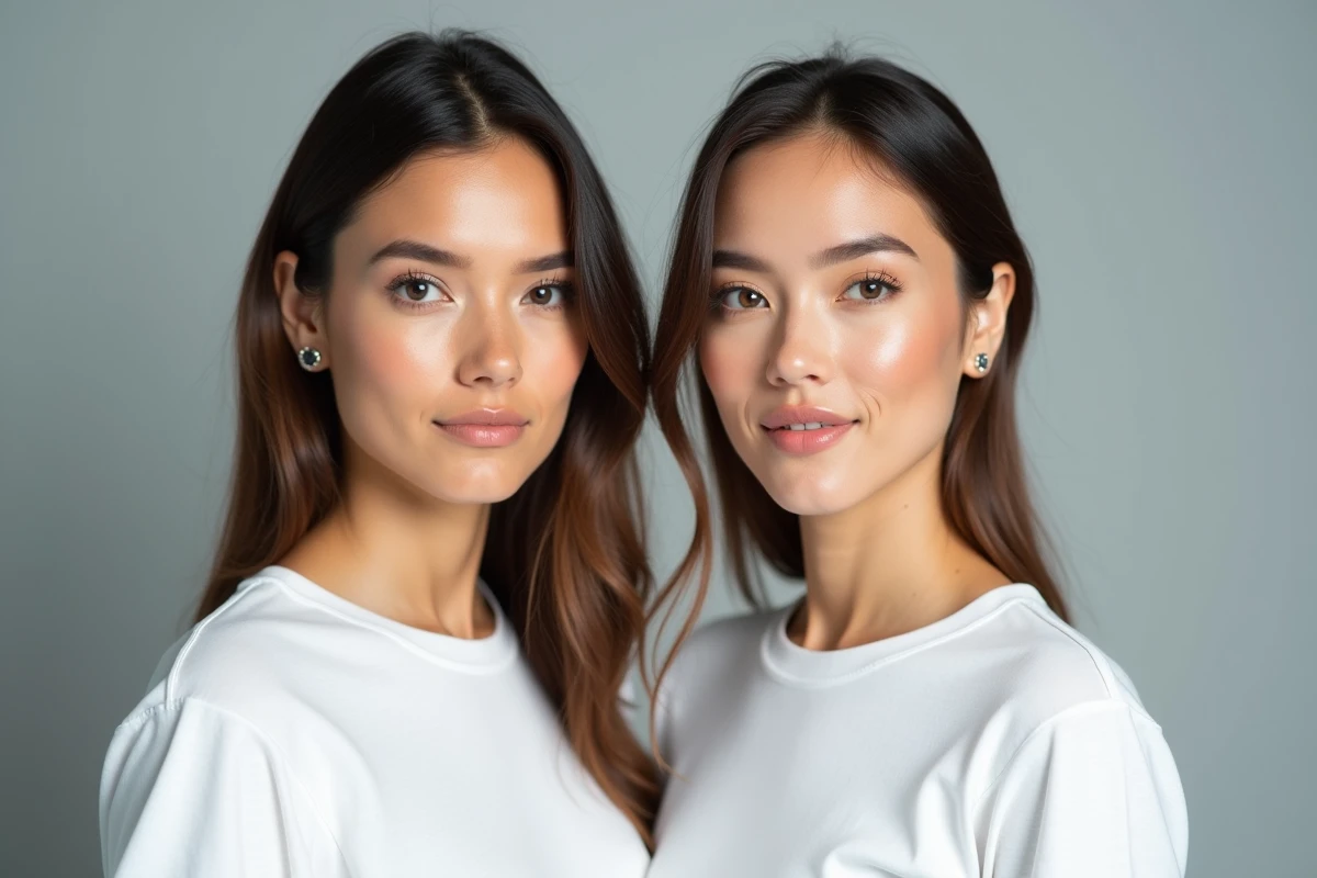 Comparaison côte à côte entre beauté naturelle et maquillage professionnel sur deux femmes en studio photo