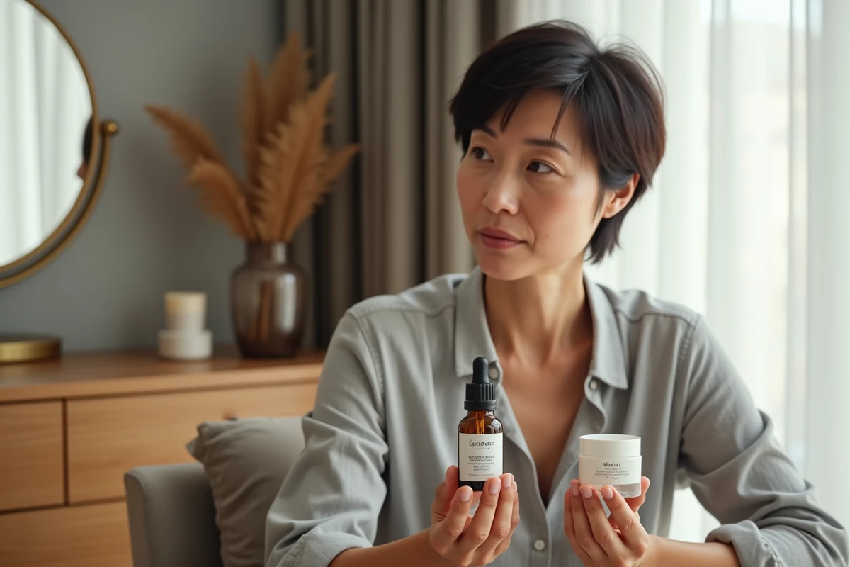 Femme comparant un sérum et une crème hydratante sur une coiffeuse en bois dans une chambre chaleureuse